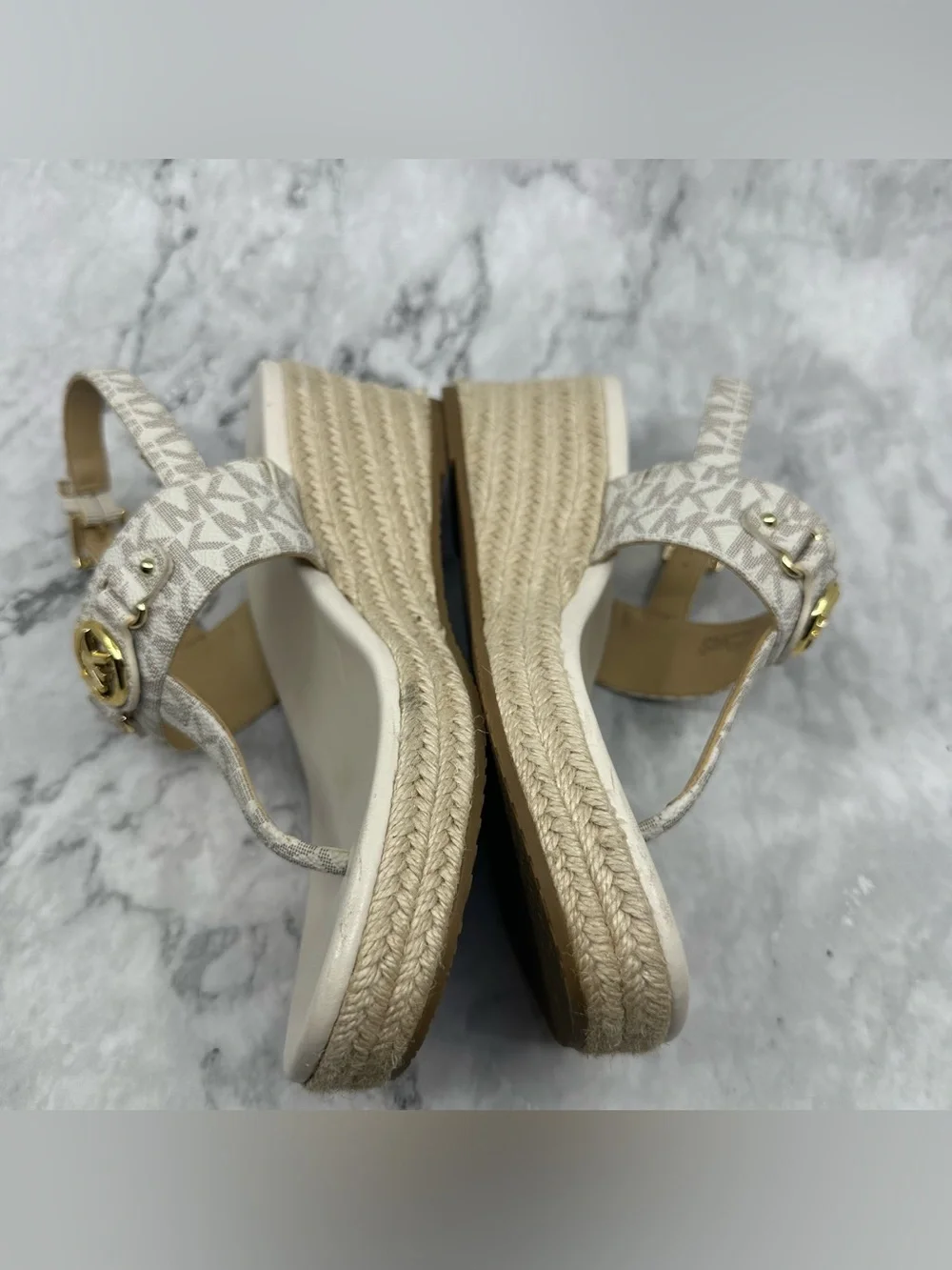 Michael Kors Ivory Logo T-Strap Sandals with Gold MK Medallion